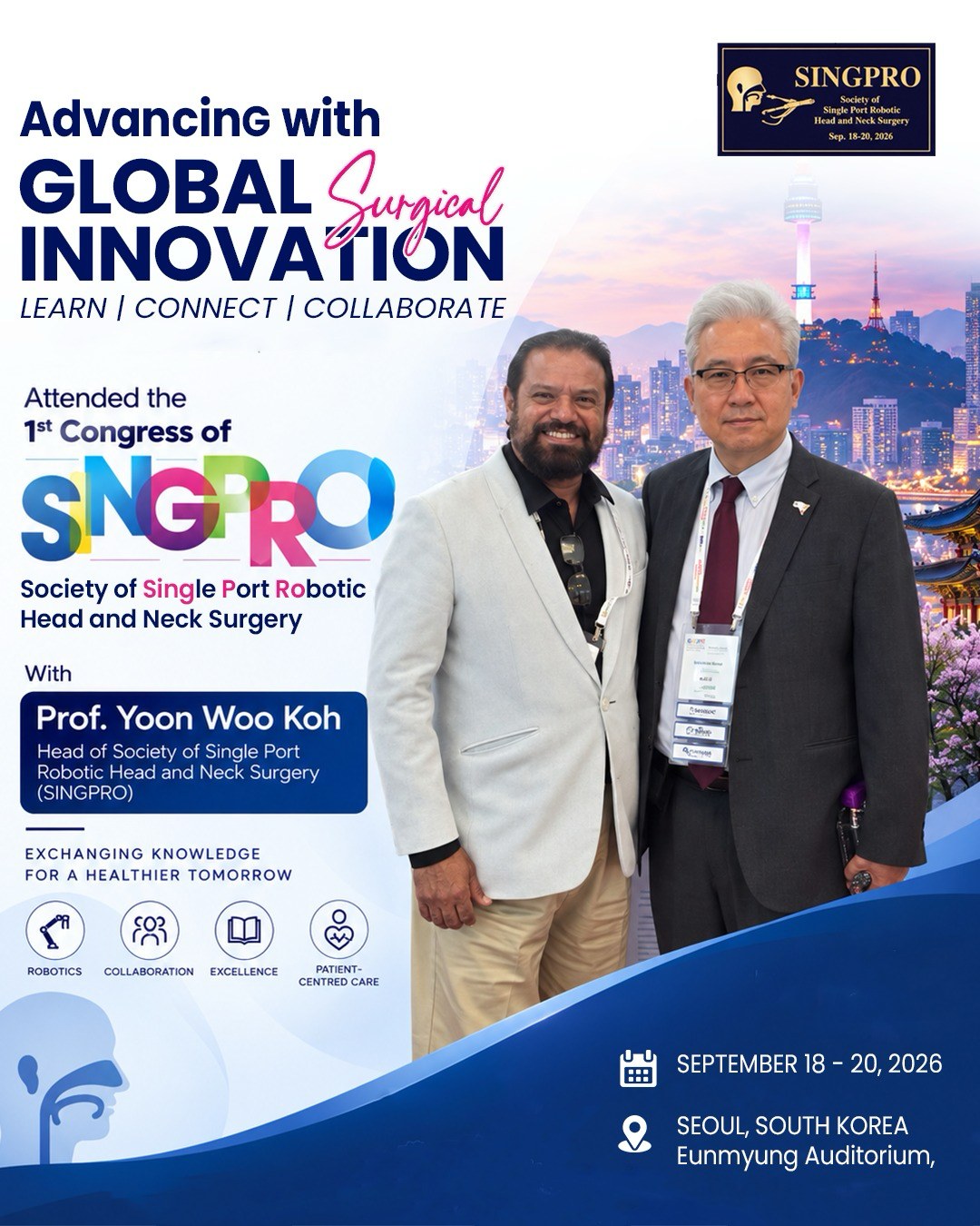 Dr. Maqsood Ali Khan with Prof. Yoon Woo Koh at the 1st Congress of SINGPRO, Seoul, September 2026